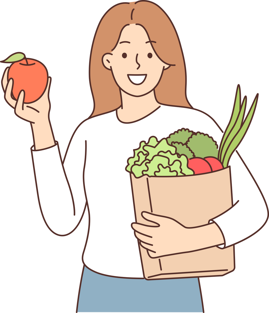 Woman buyer bought fruits and vegetables in grocery supermarket and holds paper bag