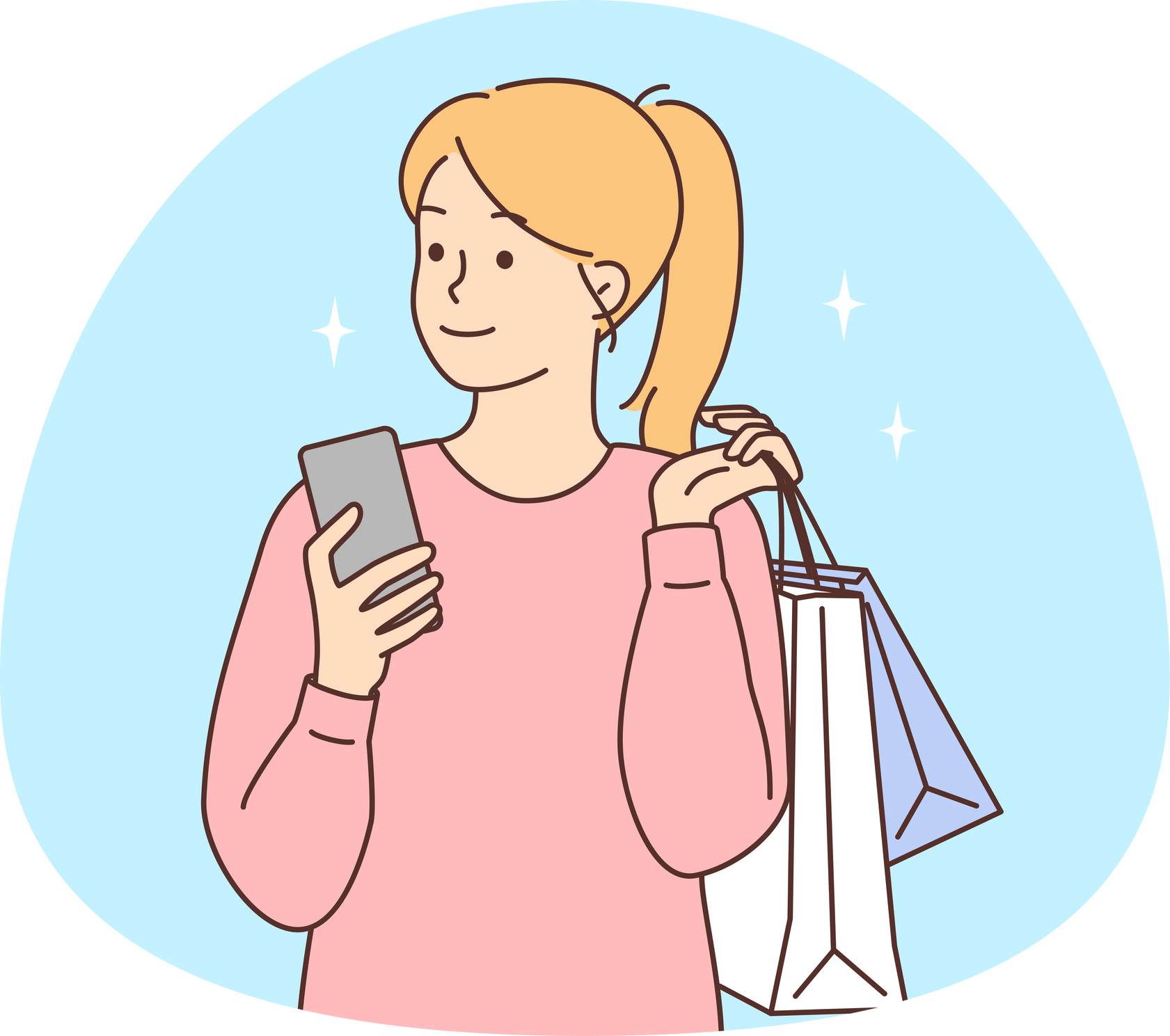 Happy woman with cellphone and shopping bags